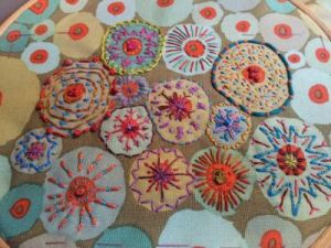 circles embroidery on printed fabric